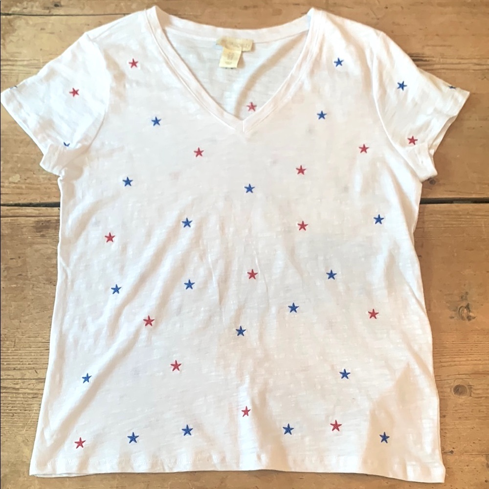 NWOT White T-Shirt with Red and Blue Embroidered Stars